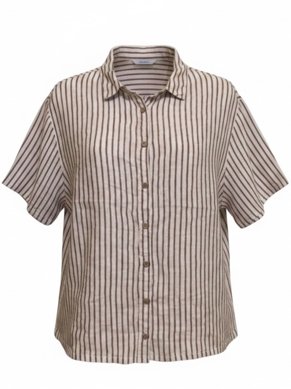 100% Linen Camp Shirt Boxy Oversized Button Up White Brown Striped Preppy